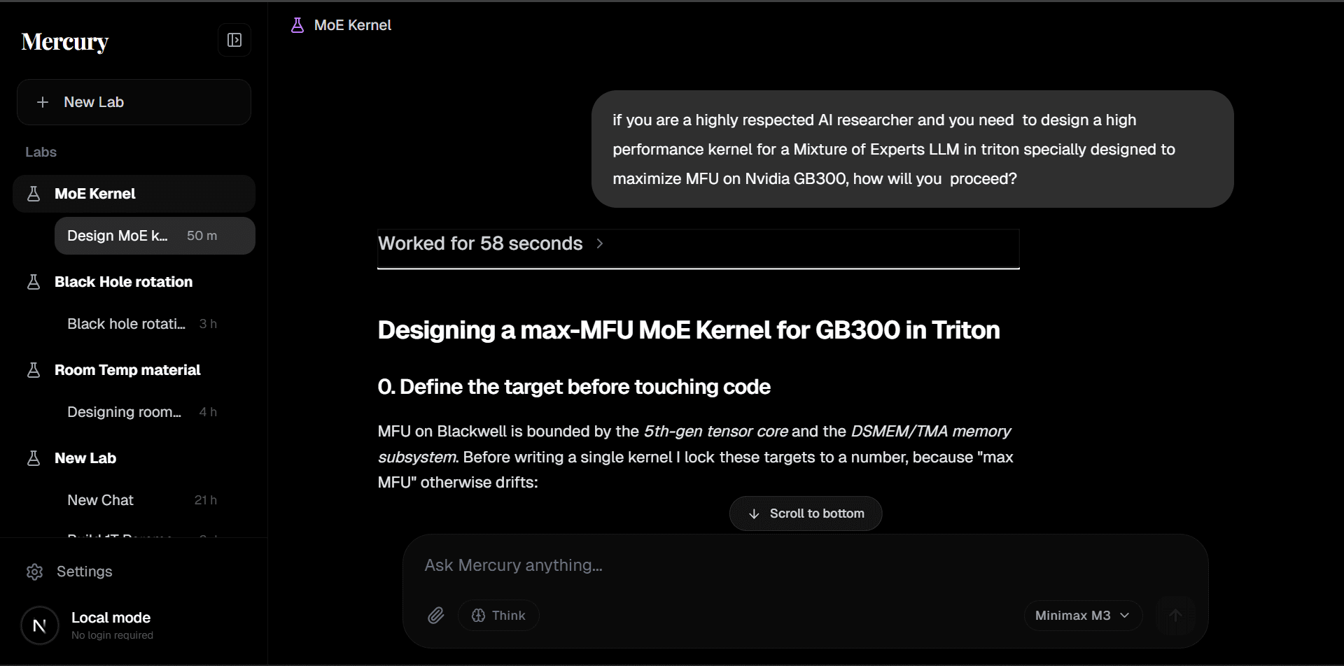 Mercury lab workspace with a research question and structured AI output